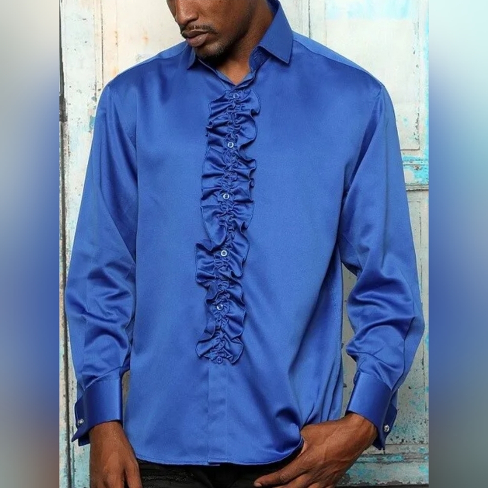 Insomnia by Manzini 100% Satin Blue Ruffled Tuxedo Dress Shirt, French Cuffs